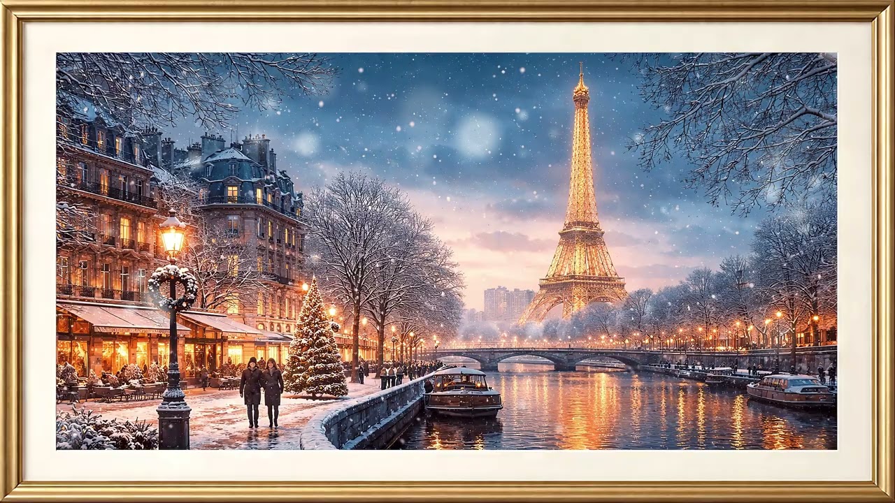 Paris Winter Evening 4K ❄️ | Luxury Framed Art TV | Eiffel Tower Snowfall Ambience