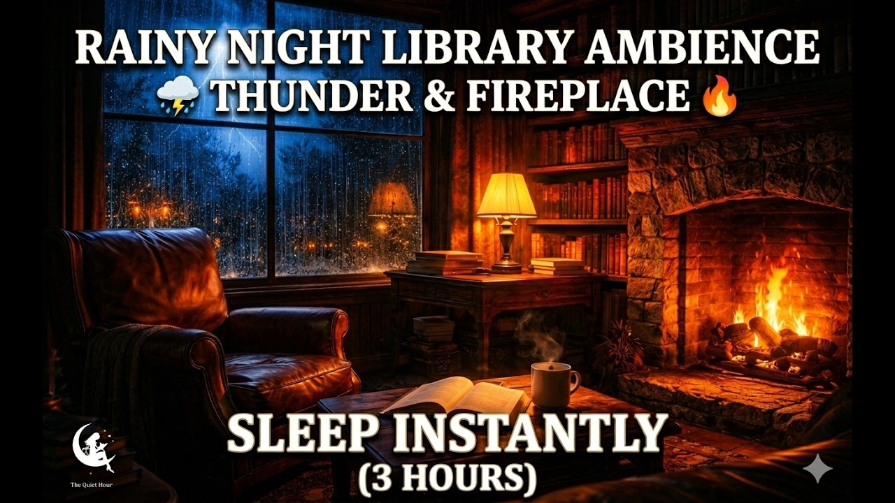 Rainy Night in a Cozy Library | Thunderstorm & Fireplace to Sleep Instantly ⚡🔥