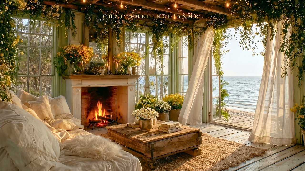 A Gentle Morning Escape ☀️ Ocean Waves, Coastal Birds and Warm Fire for Calm and Deep Rest