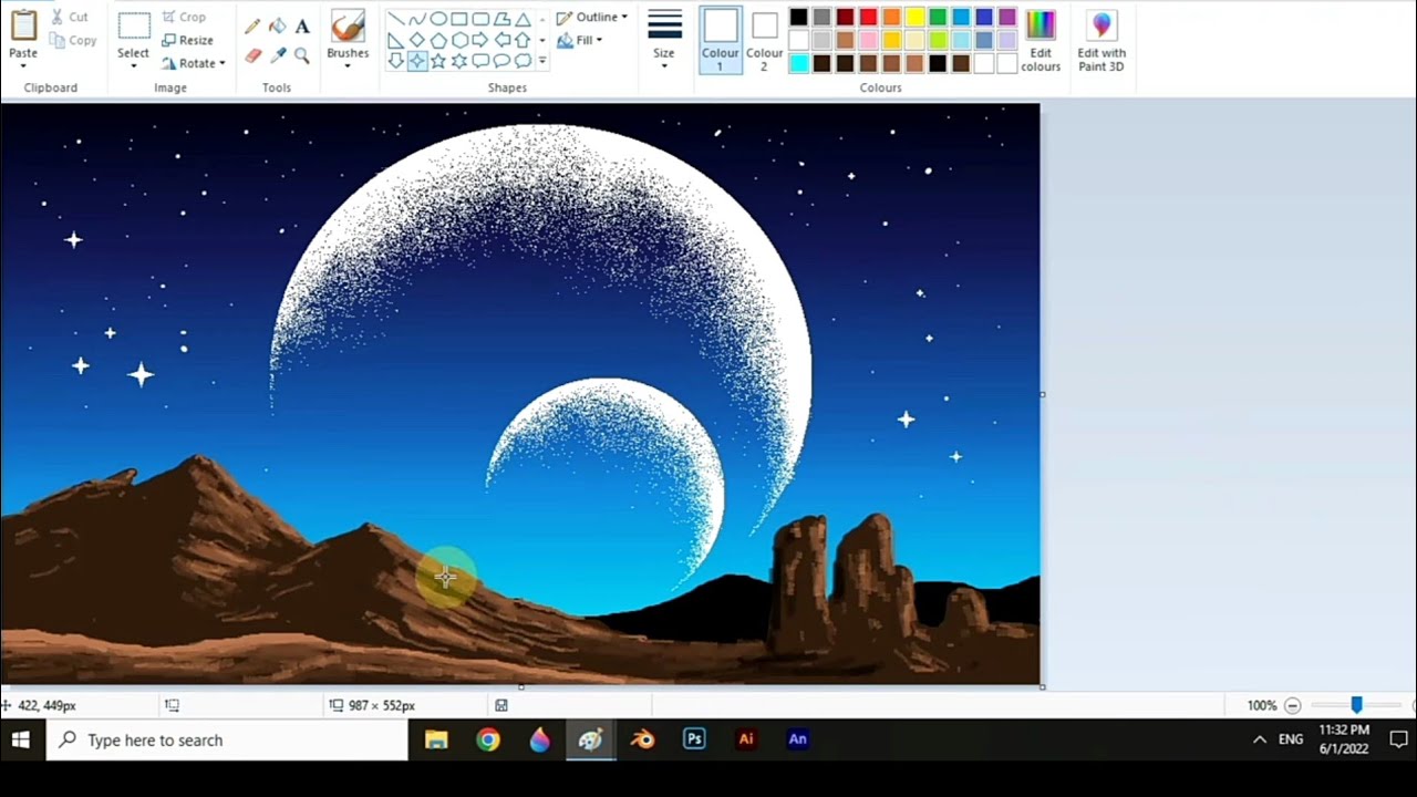 how to draw a moon |scenery drawing in ms paint step by step |#mspaint #mspaintdrawing