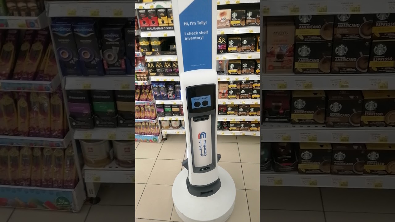Robot scanning shelves for products at Carrefour Al Saqr, Abu Dhabi. A technological advancement.