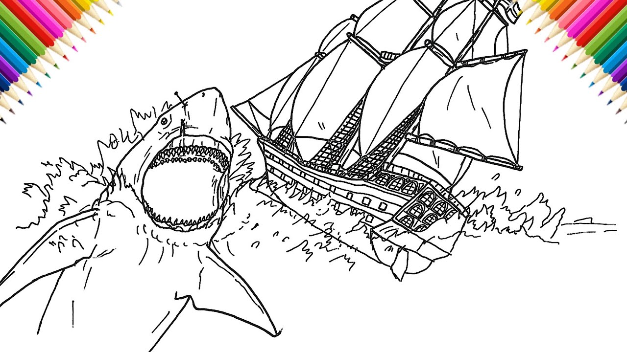 Megalodon vs British frigate Drawing and Coloring