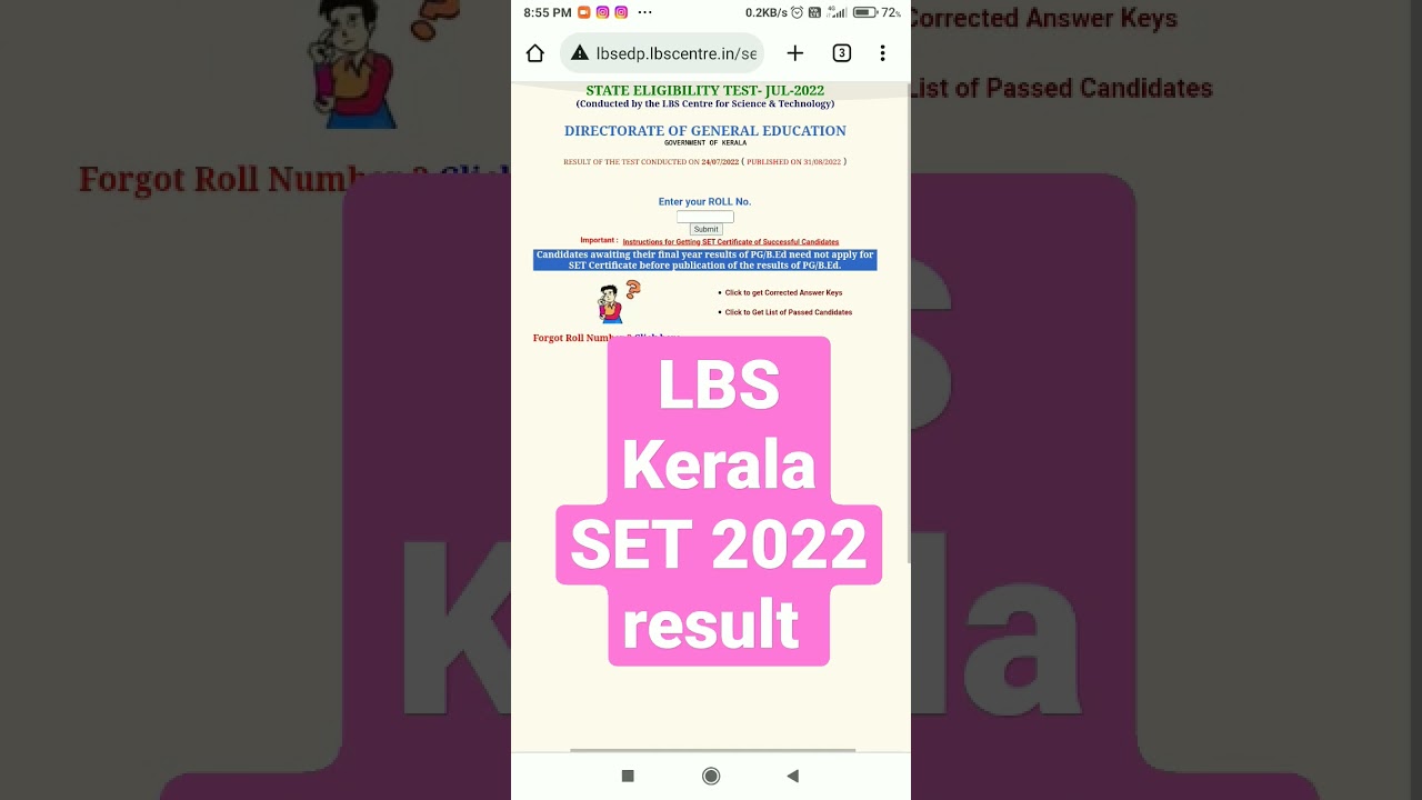 LBS Kerala SET 2022 result 