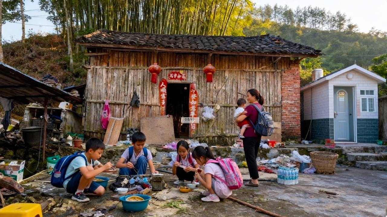 【一家七口隐居深山】妈妈清晨天不亮送五个孩子上学，丑爸爸独自在家修理洗衣机！#农村生活#vlog#山居生活