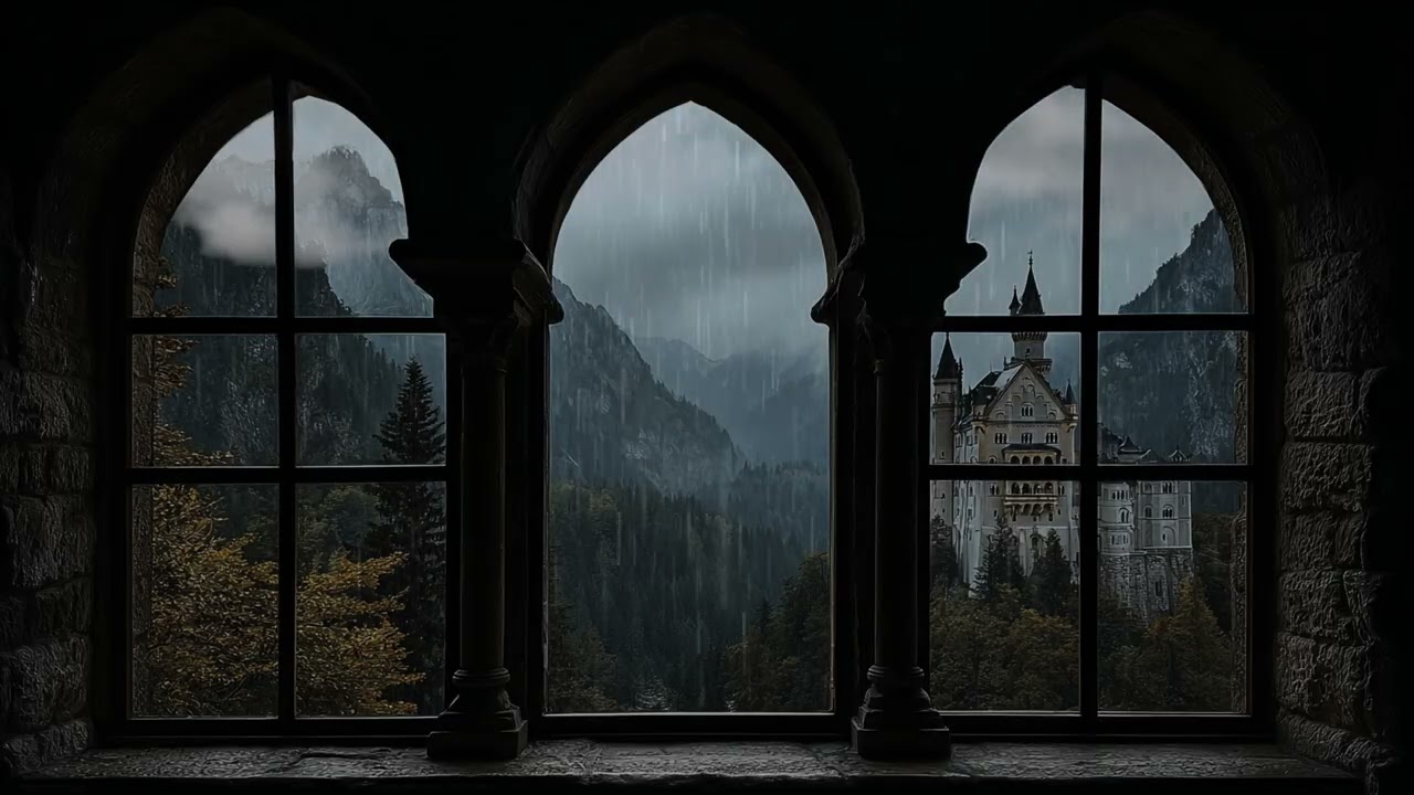4K Rainy Medieval Castle Window View - Cozy Thunderstorm Sounds - Ambience for Reading