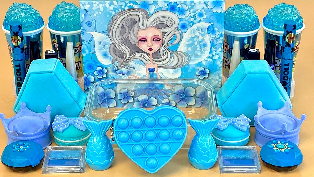 ASMR Slime Mixing ”BLUE” 💙💤💦 makeup, Eyeshadow, glitter into slime. Satisfying slime video.