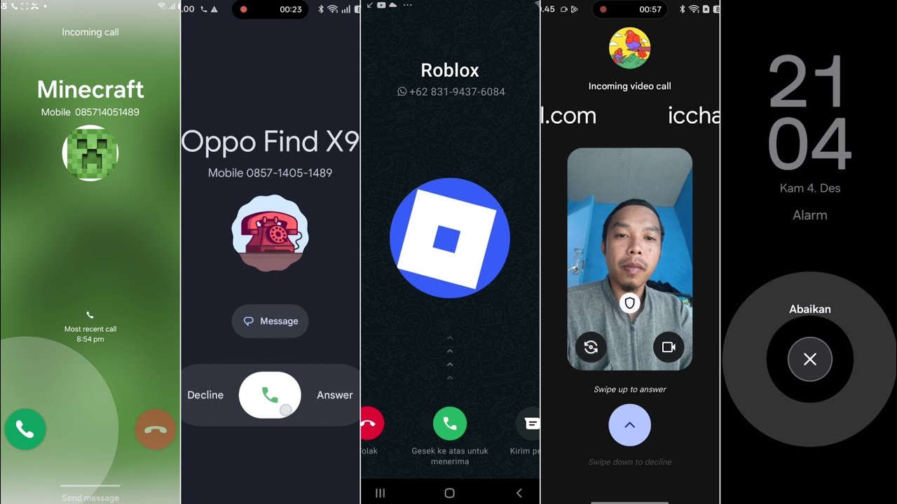 Samsung Minecraft/oppp find x9/ whatsapp/Meet video call/samsung black alarm, incoming calls