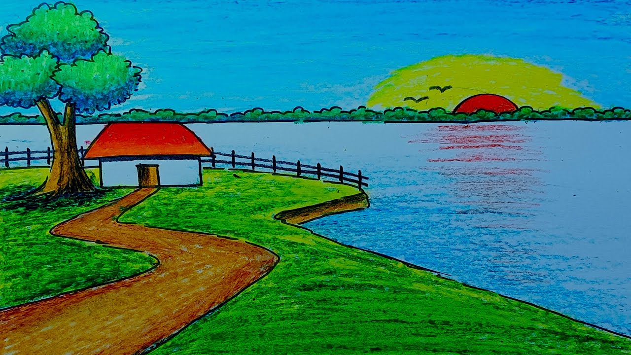 River side scenery drawing / scenery drawing oil pastel / landscape drawing / drawing for kids
