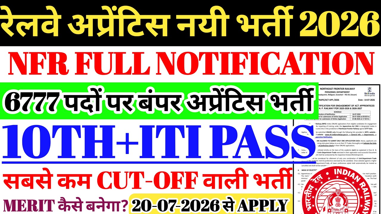 रेलवे अप्रेंटिस की बंपर नई भर्ती 2026-27 | NFR APPRENTICE FULL NOTIFICATION OUT🔥6777 POST, 10TH+ITI