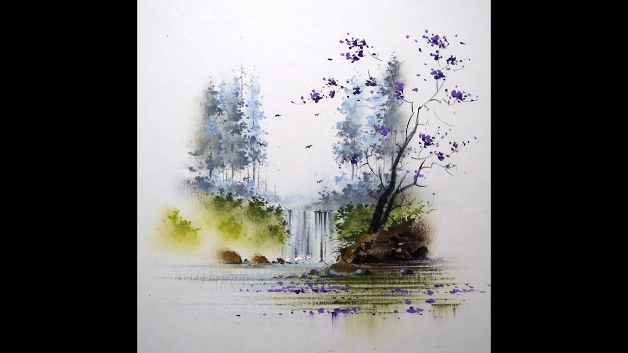 Drawing of a beautiful morning scenery with a waterfall | oil pastel painting