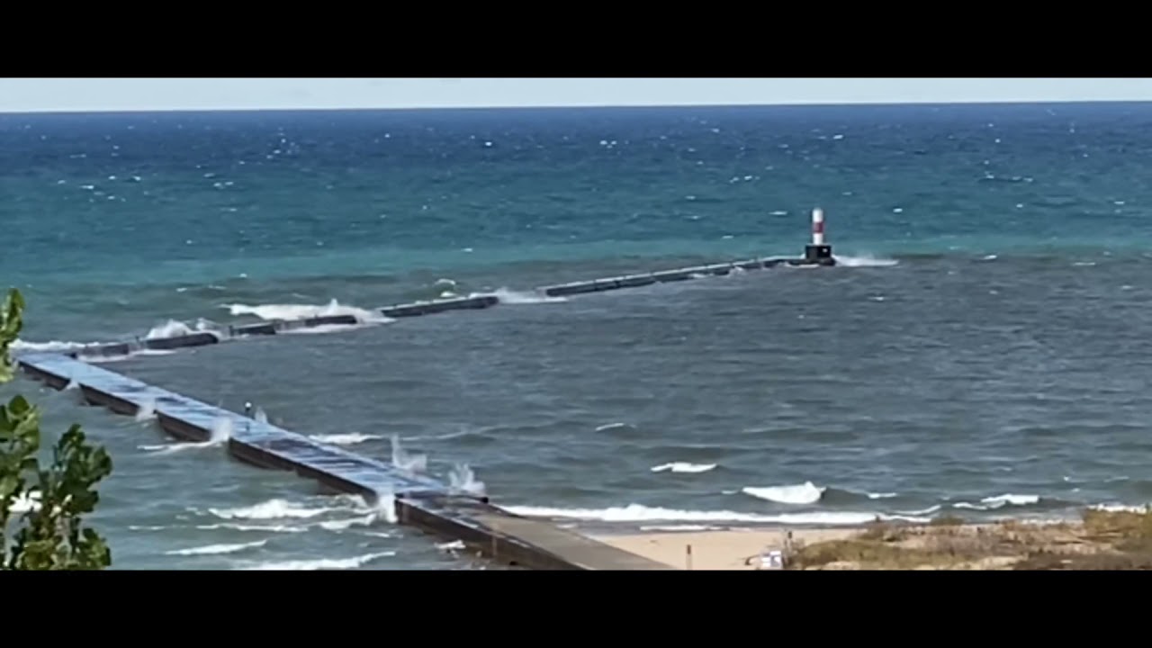 Lake Michigan Waves and Lighthouse at Elberta Beach, Michigan - Great Lakes