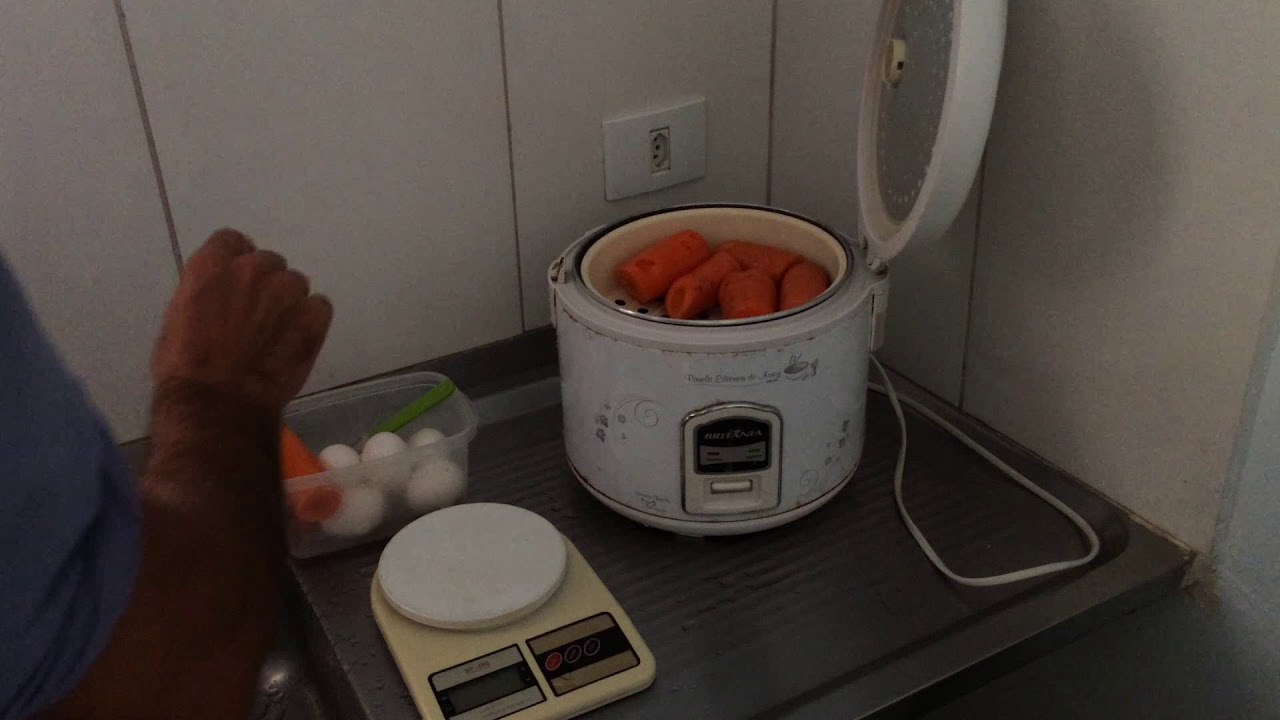 Refeiçao completa na panela de arroz eletrica ovos cenoura legumes no vapor