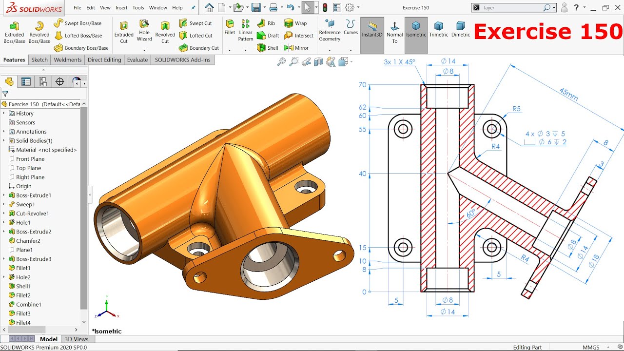 Solidworks tutorial Exercise 150 Revolved Cut, Extrude, Counterbore Hole and Swept