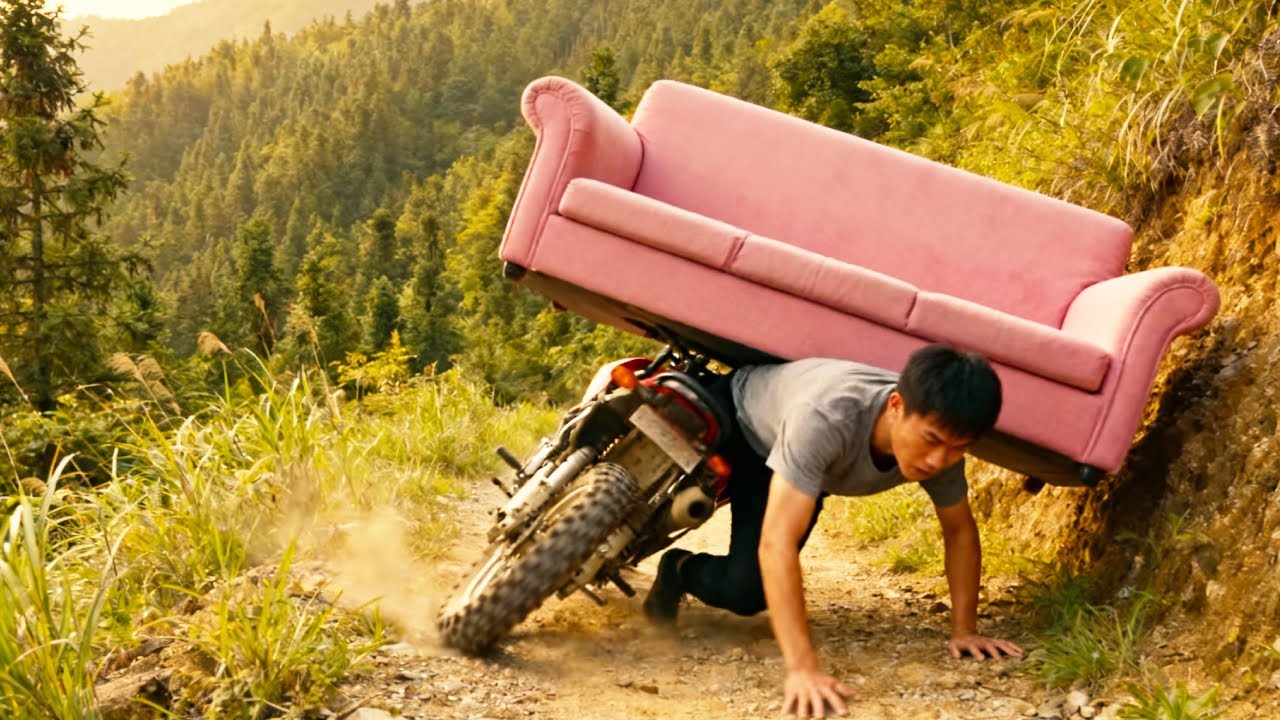 A poorly trained motorcyclist carrying an oversized load overturned on a treacherous mountain road.