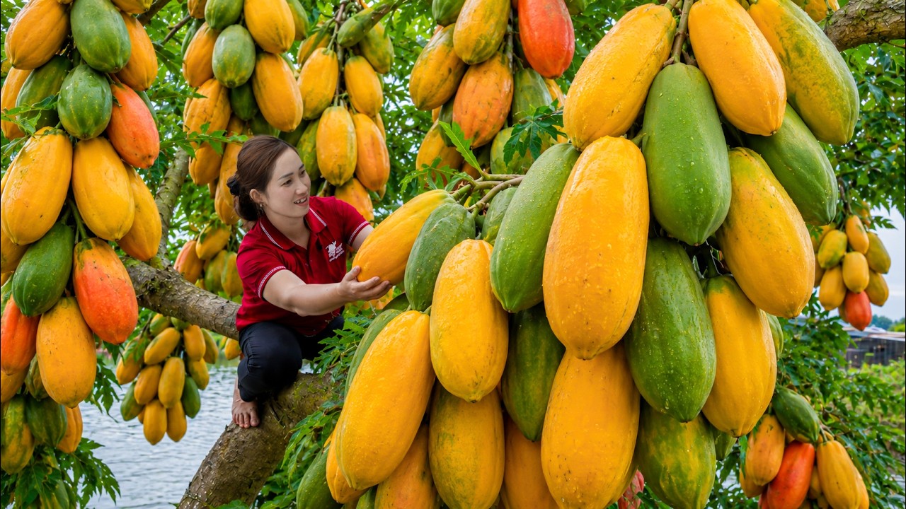 Harvesting Millions Giant Ripe Papayas | Sweet Tropical Fruits Sold Fast at the Village Market