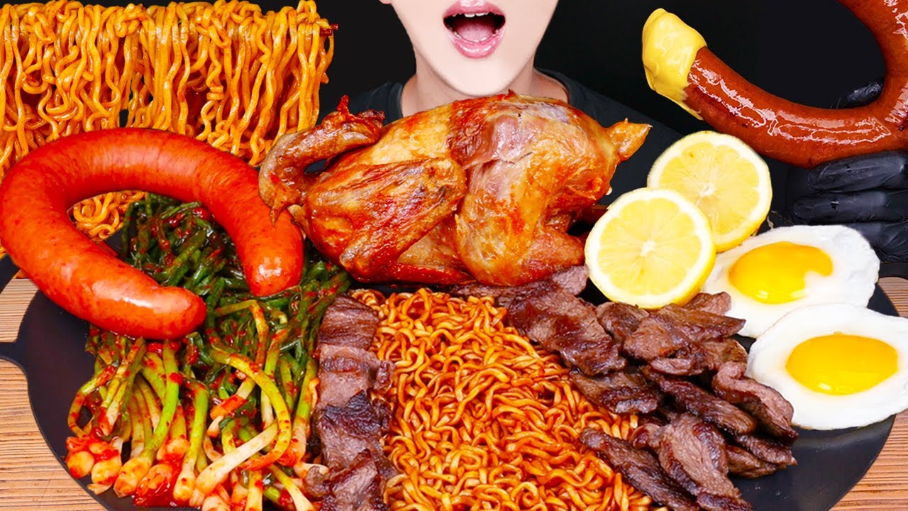 ASMR FRIED CHICKEN BLACK BEAN NOODLES SAUSAGE MUKBANG 치킨 소세지 먹방 辛い ソーセージ 咀嚼音ayam Sosis EATING SOUNDS