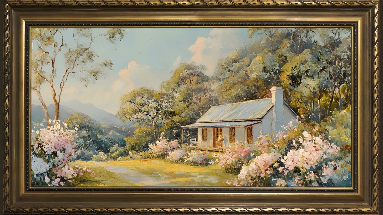 Peaceful Cottage Mountain, Vintage Oil Painting | Gold Framed TV Art Screensaver