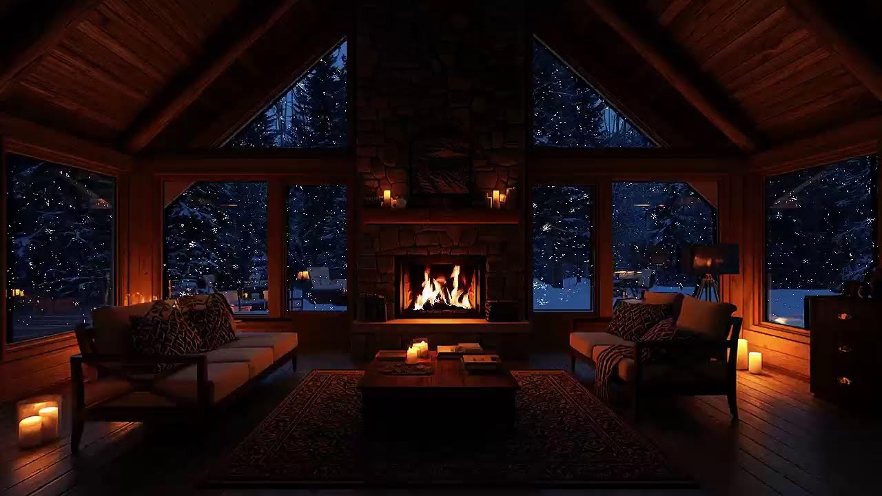 Late Night Cozy Cabin Jazz 🌙 Snowy Forest Outside & Crackling Fireplace
