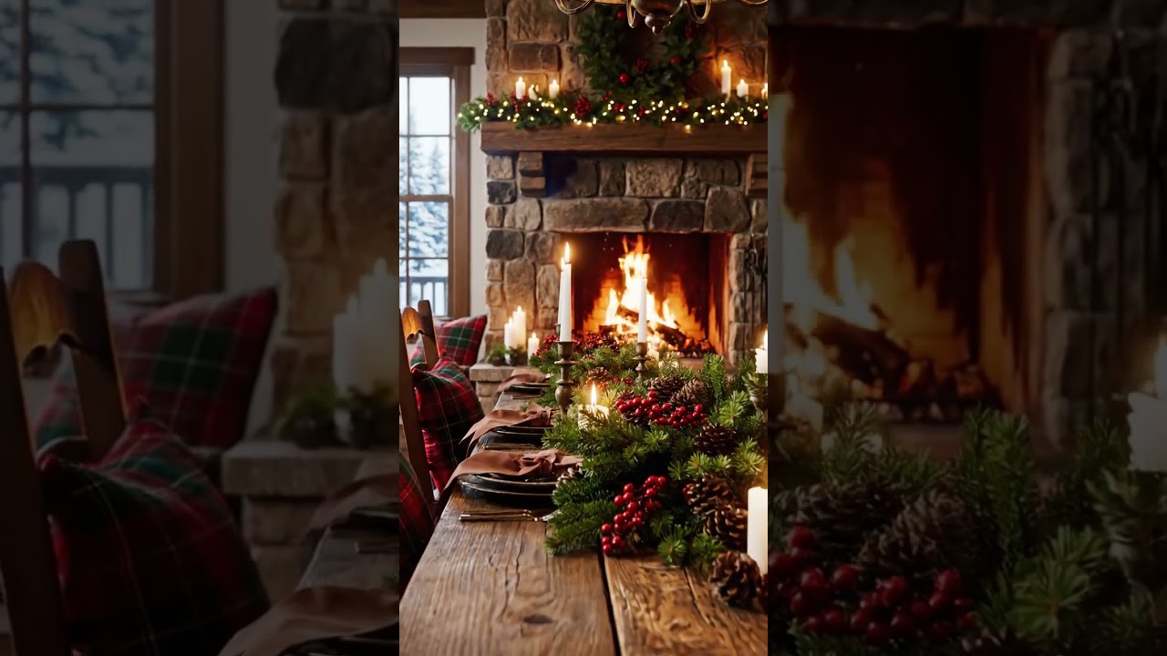Rustic Christmas Dining Room Decor | Beautiful Holiday Table Setting with Fireplace View