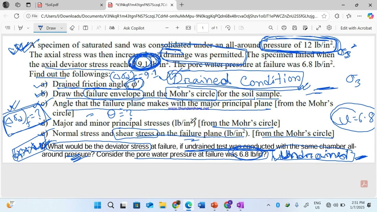 A specimen of saturated sand drainage was permitted.a)Drained friction angle@'b)Draw  Mohr's circle