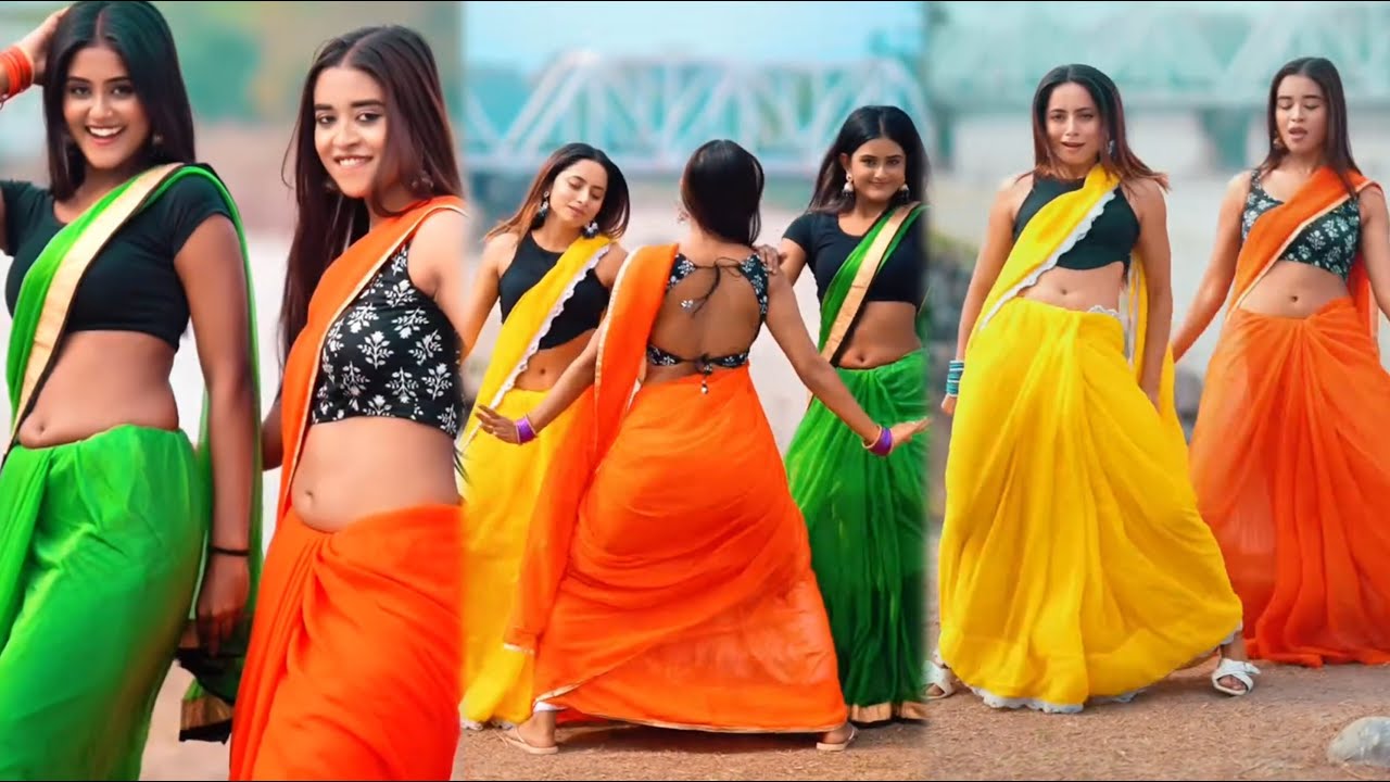 Gorgeous Girls Hot Saree Dance Video | Stunning Vertical Dance With Green, Yellow and Orange Saree