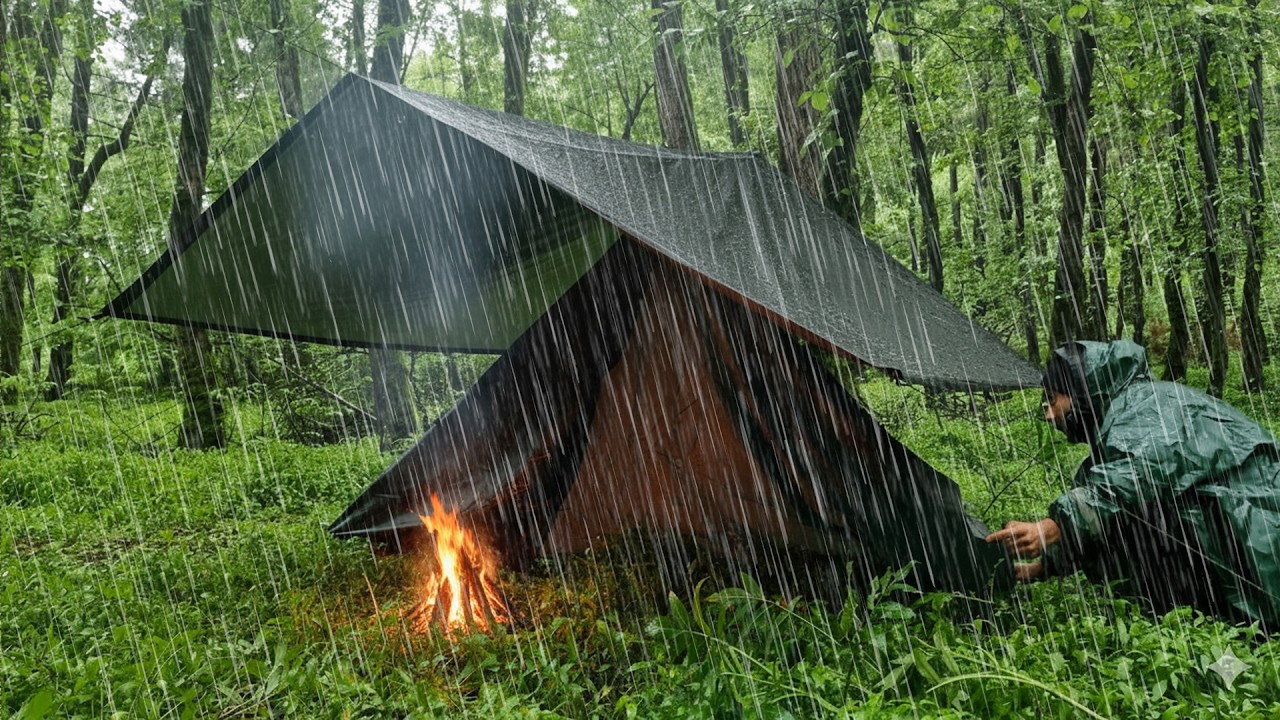 Camping in Heavy Rain | Tarp Shelter, Fire Starting & Bushcraft Cooking