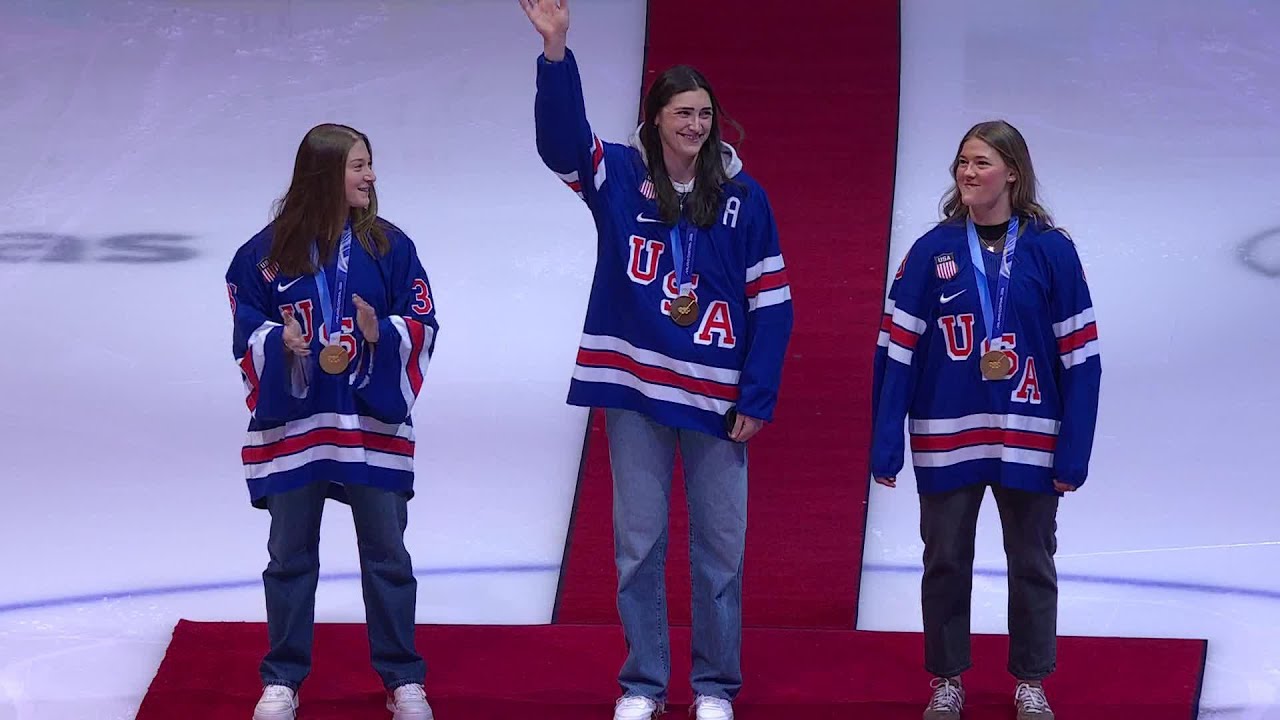 Jack Hughes joins Olympic gold medal-winning Team USA Women for ceremonial puck drop | NHL on ESPN
