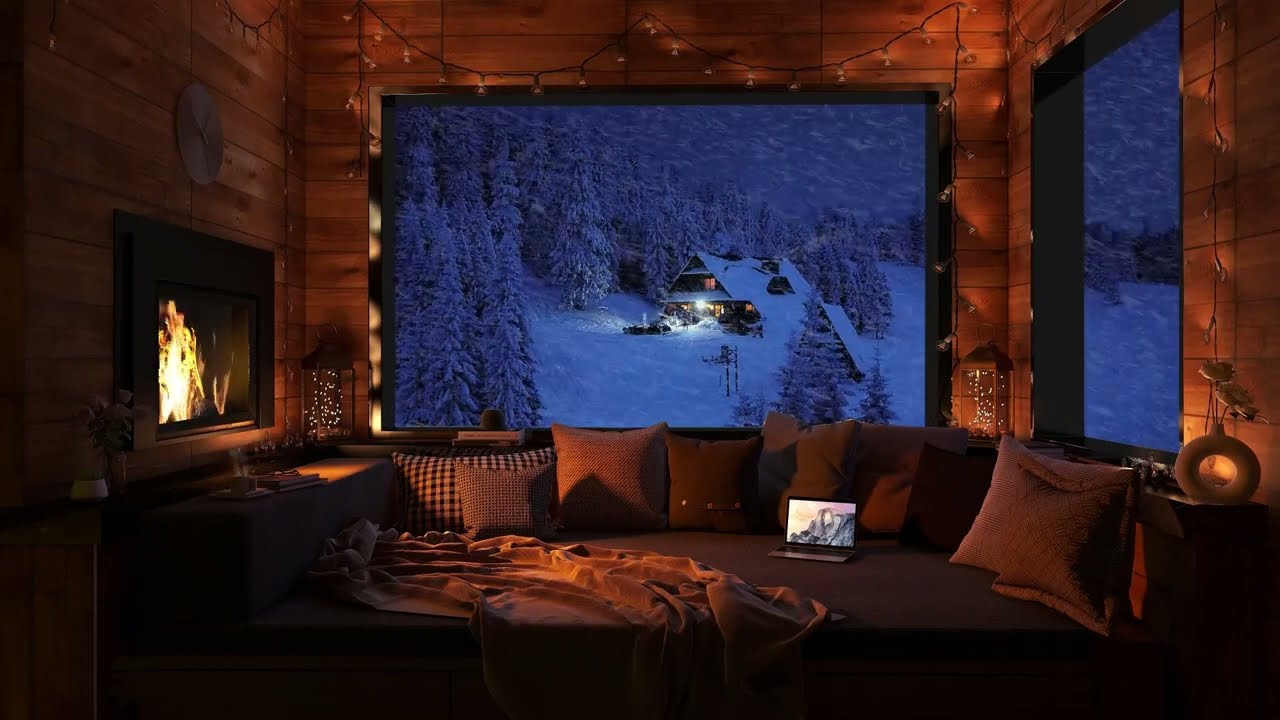 Сильная метель и треснувший камин 🔥❄️| Зимний уголок | Деревянная хижина