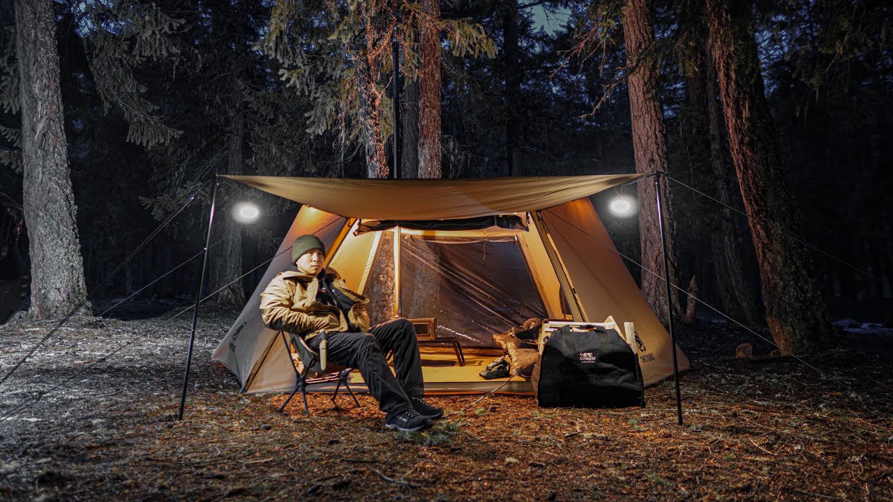 OneTigris Solo Homestead TC Hot Tent Winter camping trip with Pepper Subaru Outback Wilderness