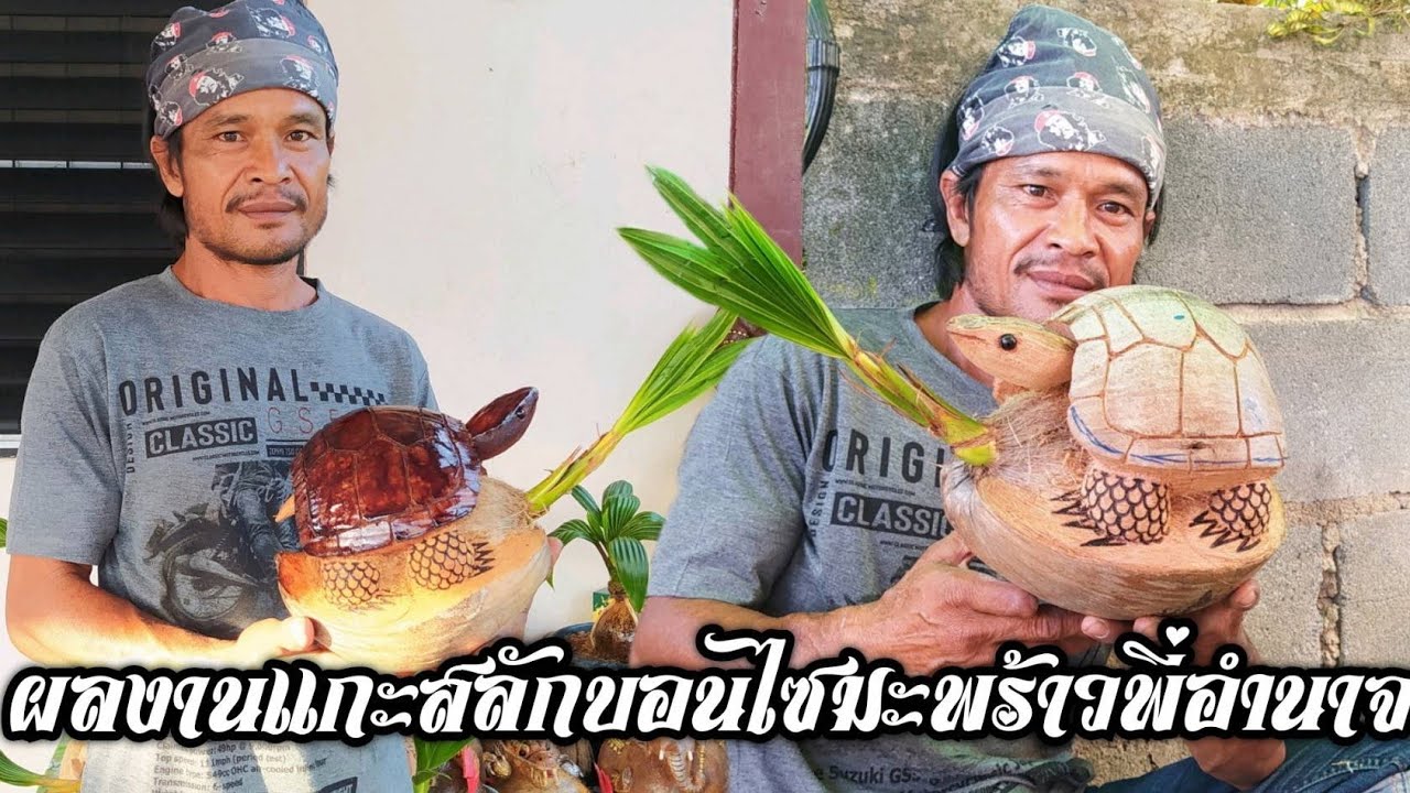 🌴🌴วิธีการแกะสลักเต่าบอนไซ มะพร้าวจบในคลิปเดียว ของพี่อำนาจ