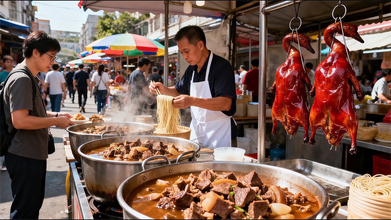 廣東廣州熱鬧早市，遍佈街巷的老字号美食，脆皮燒肉咸香滿口嘎滋脆，老西關牛雜濃鬱鮮香，小巷鮮花攤盡顯老廣的務實與浪漫，這地道早市堪稱廣式生活博物館