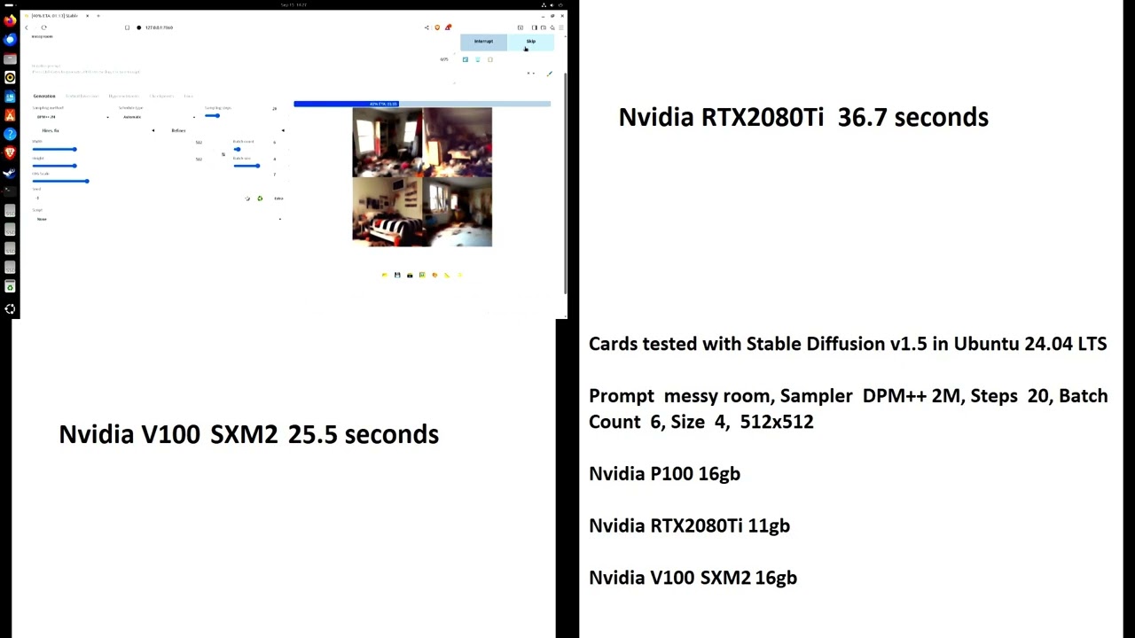 Nvidia P100 , RTX2080Ti and V100 tested with Stable Diffusion v1.5 in Ubuntu