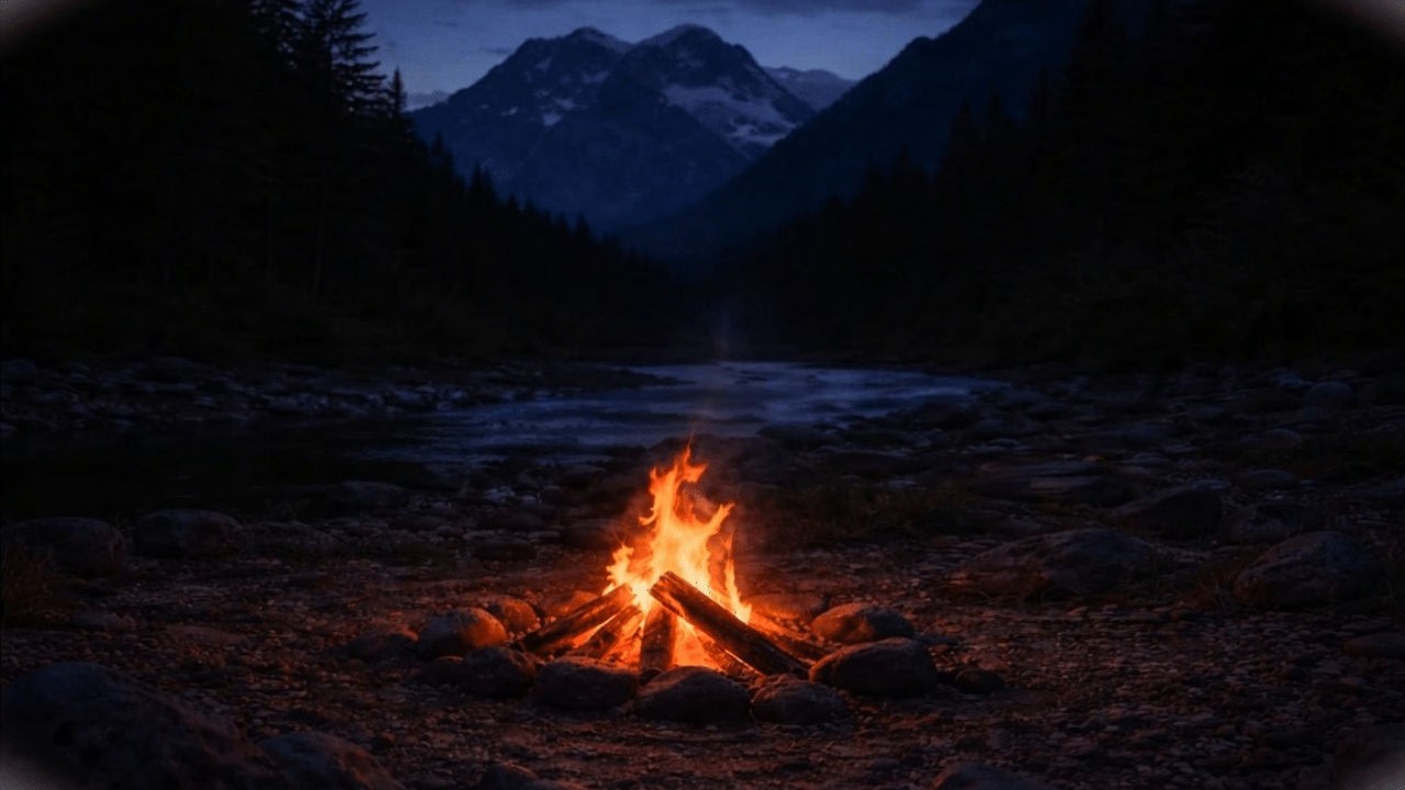 Peaceful Mountain Campfire 🌲 River Flow & Soft Fire Sounds