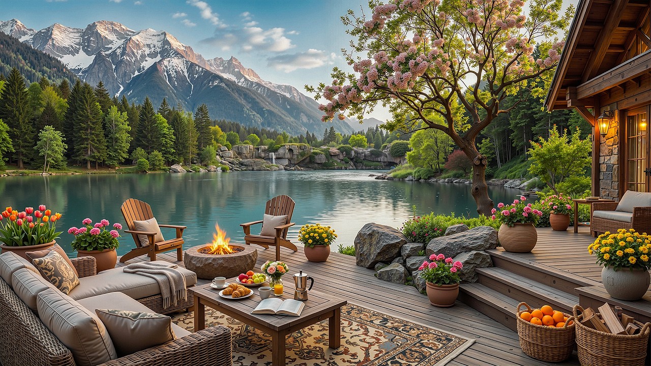 Peaceful Spring Morning Lakeside Jazz | Soft Jazz Melodies with Mountain View for Relaxation