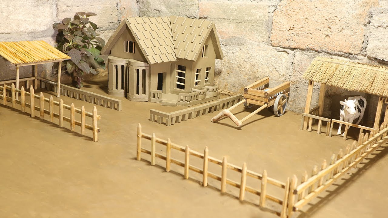 How to Build Miniature Clay House with Refuge, Animal house, Oxcart, fence & plant tree