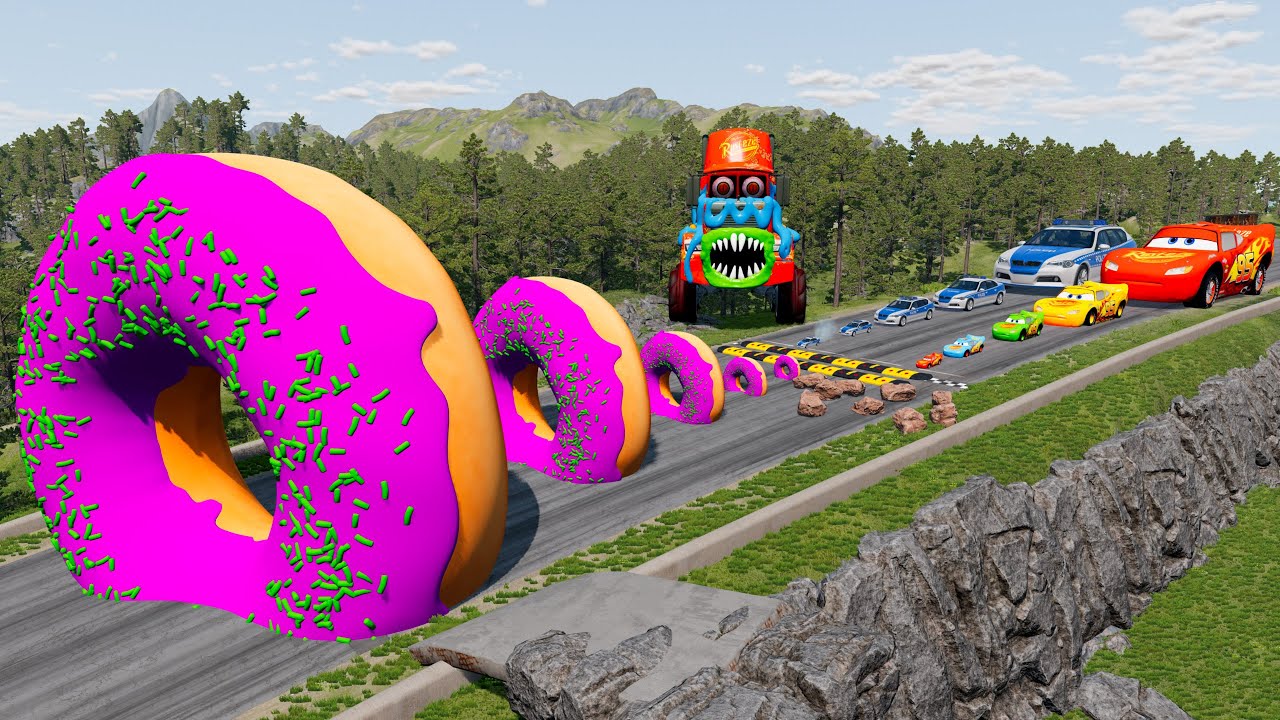 Big & Small McQueen & Police Car vs Zombie Mack, Donuts Pit & Speed Bump Downhill Race |BeamNG.drive