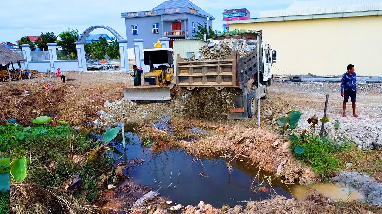 2Day completed resize land use stone delete pond full process by small dozer with dump truck