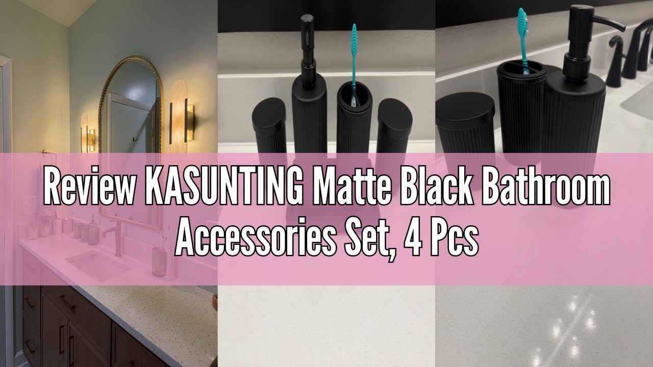 Review KASUNTING Matte Black Bathroom Accessories Set, 4 Pcs Glass Bathroom Accessory Set, Soap Disp