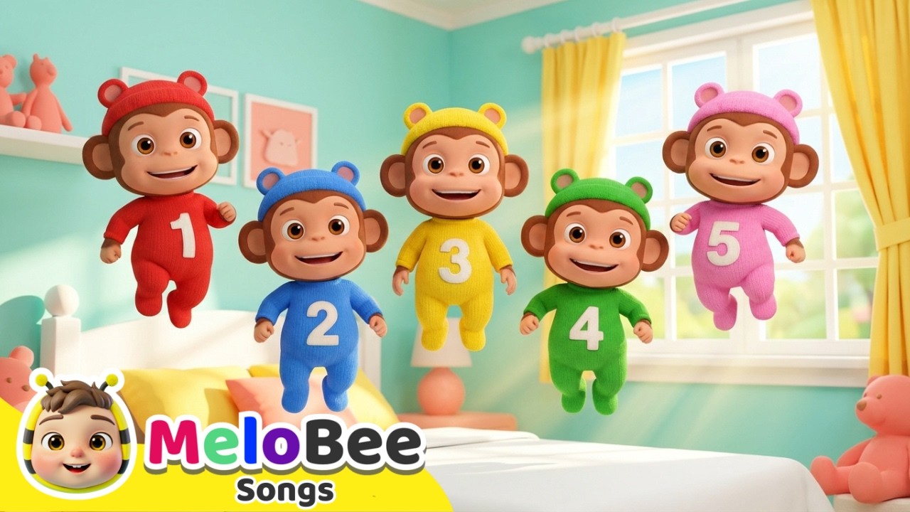 Five Little Monkeys Jumping on the Bed 🐵 Learn Numbers 1-5 | Nursery Rhymes | Melobee Songs