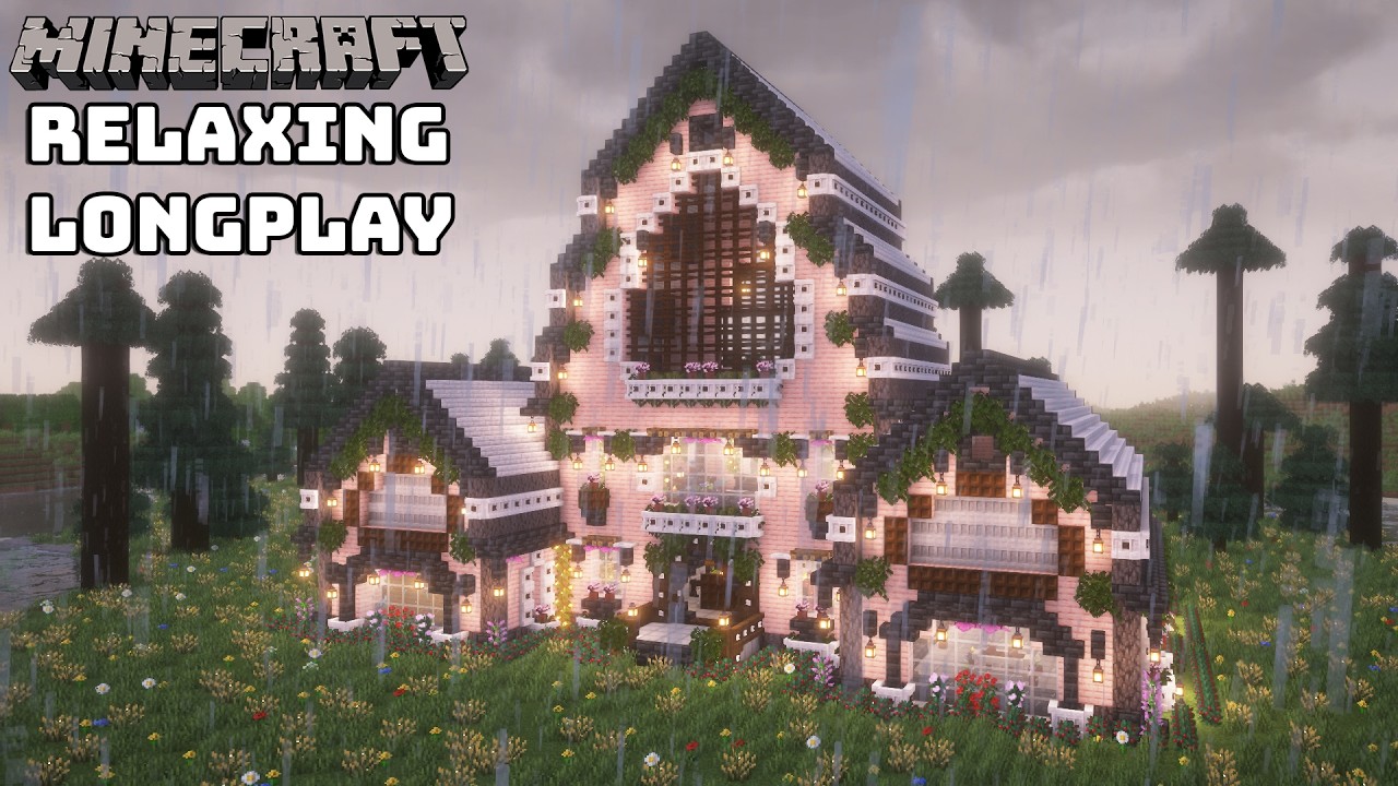 Minecraft Relaxing Longplay - Rainy Cherry Blossom Mansion - Cozy Cottage House - No Commentary