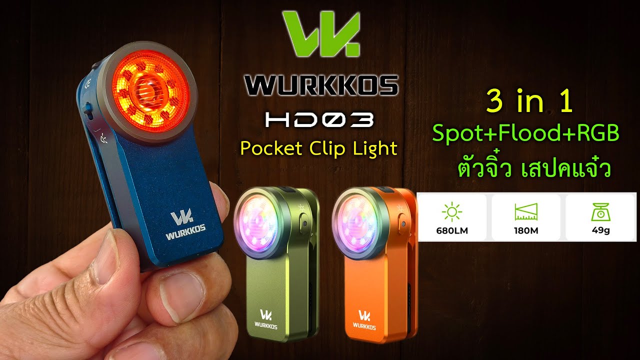 WURKKOS HD03 🟠 new!  3in1 Clip Light แสง พุ่ง-กว้าง-หลากสี  680LMs , CRI95 ราคาเปิดตัว ลด 45%
