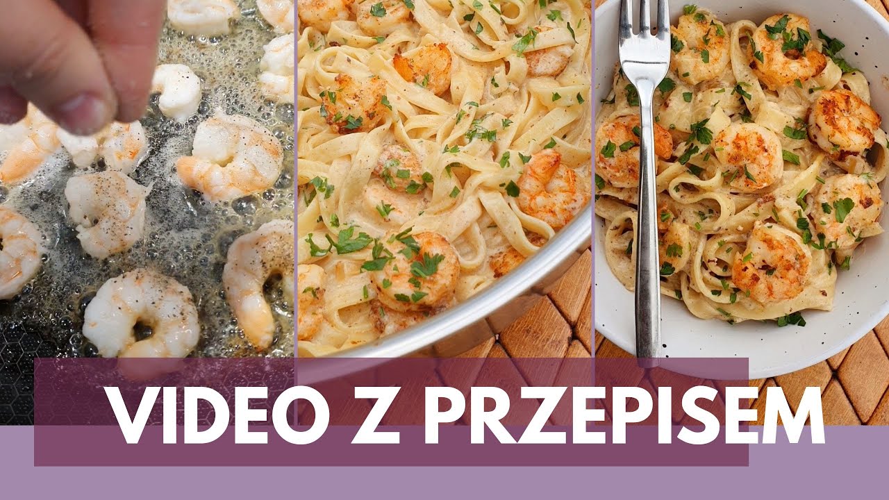 Krewetki z makaronem w sosie śmietanowym.