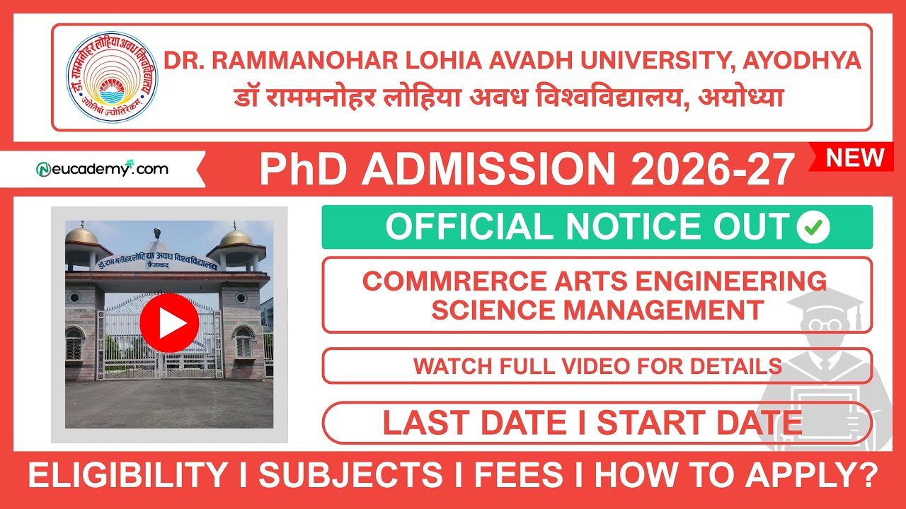 Dr. Rammanohar Lohia Avadh University PhD Admission 2026-27 | Eligibility, Dates, Subjects, CET 2024