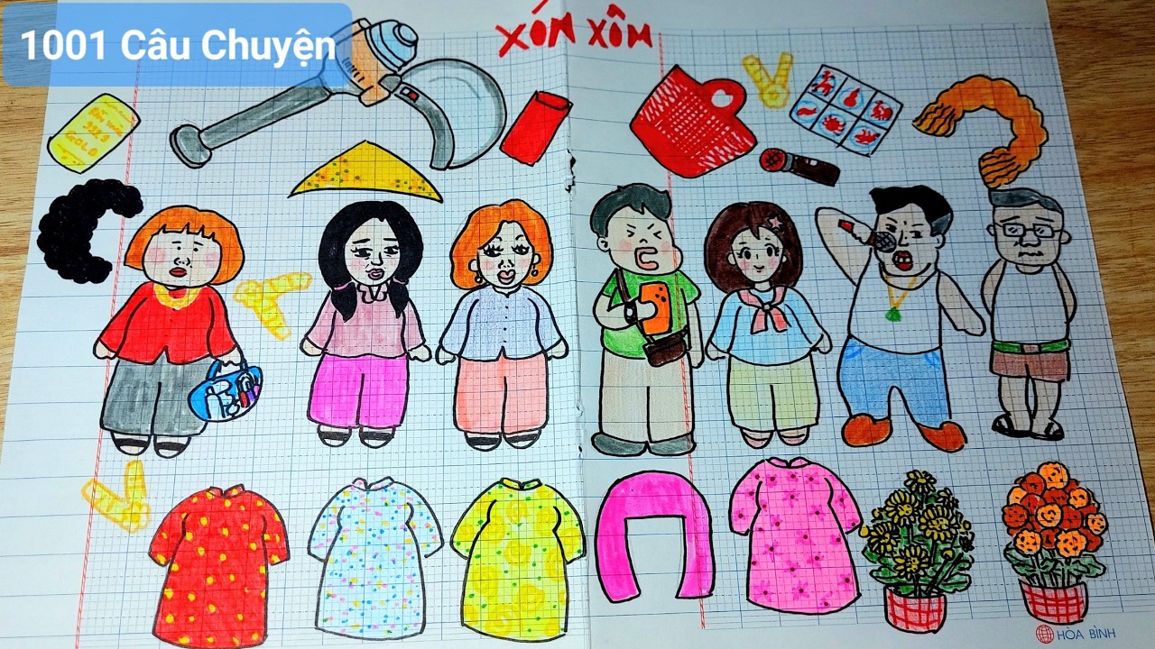 Vẽ từng bước sticker Xóm Xôm đón Tết-Cô Tiên Xanh/Vân Anh-Lệ làm móng-Chú Hải cafe-Bà Tám-Phát-Minh