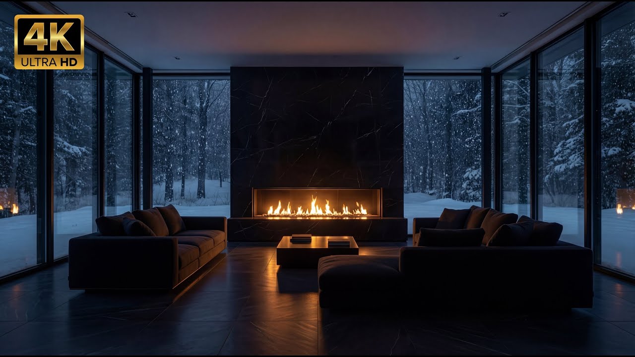 Modern Cozy Fireplace 🔥❄️ Snowfall Outside | Warm Fire & Winter Ambience (4K, No Music)