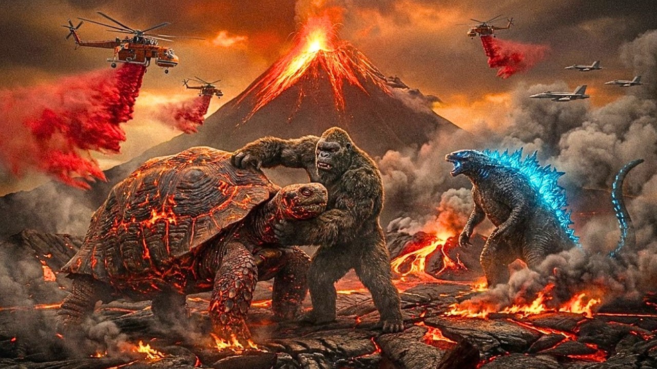 King Kong and Godzilla vs. Volcanic Tortoise: Eruption Zone Battle and Aerial Firefighting Assault