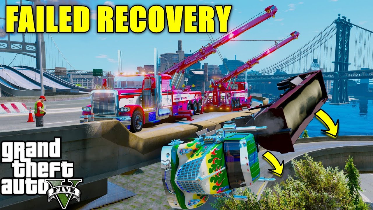 Wrecker DISASTER!!! Tow Truck Drops Semi Off Bridge In GTA 5!