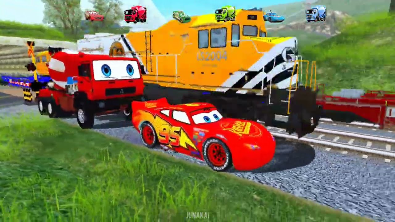 Big And Small McQueen vs Chick Hicks vs King Dinoco vs Mixer Truck vs Train Race - BeamNG drive