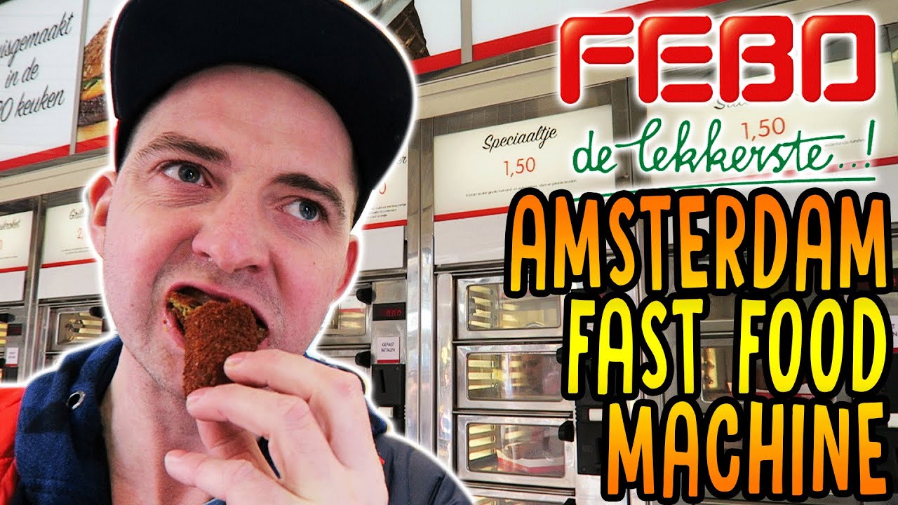 FEBO Amsterdam fast food machine review, dutch battered snack taste test Netherlands