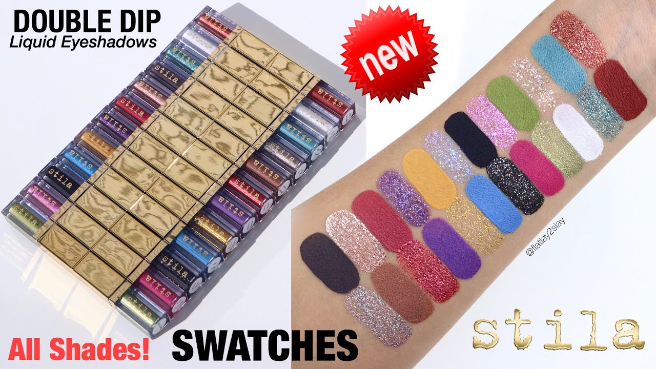 SWATCHES Stila Cosmetics Double Dip Suede Shade & Glitter & Glow Liquid Eye Shadows ALL 12 SHADES!